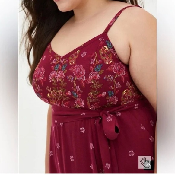 TORRID Maroon Red Sugar Skull Floral Print Belted Tank Midi Dress 3 3X - Picture 3 of 12
